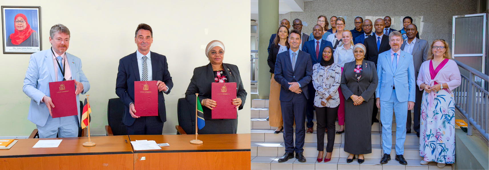 The Permanent Secretary of the Ministry of Finance, Dr. Natu El-maamry Mwamba (right), and the Director of KfW, Mr. Christoph Tiskens, sign three grant agreements worth TZS 78.58 billion.